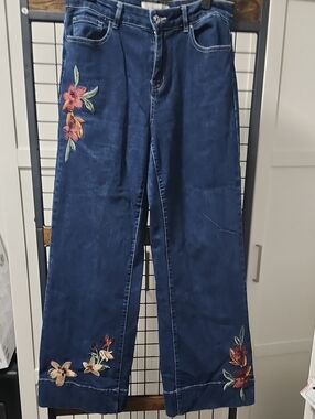 CHARLIE B Navy Wide-Leg Jeans with Floral Embroidery